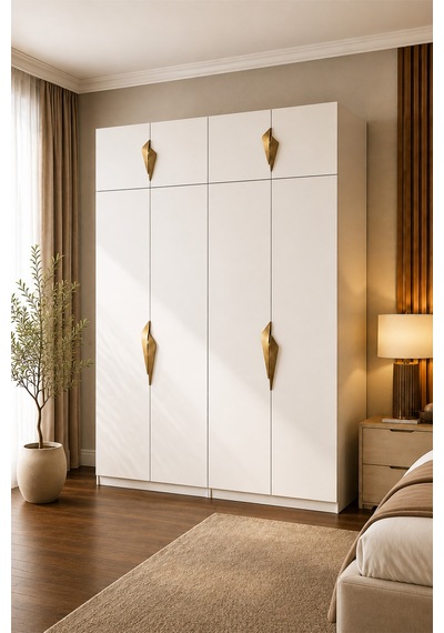 Gama 8 Kapaklı Askılı + Askılı Raflı + Ek Modüllü Tasarım Kulplu 253 Cm Gardırop Elbise Dolabı Beyaz