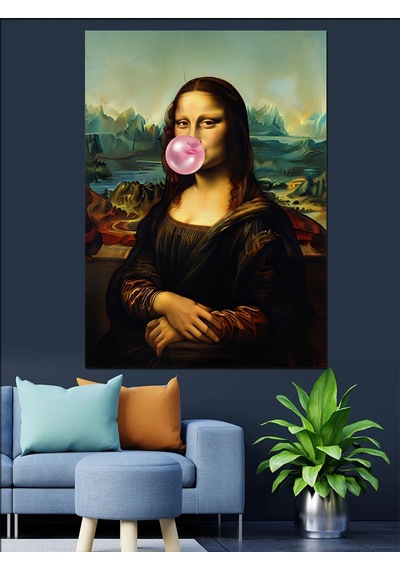 Ahşap Tablo Sakız Şişiren Mona Lisa