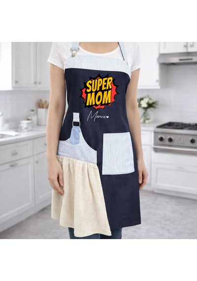 Bk Gift Kişiye Özel Anneler Günü Tasarımlı Pamuk Denim Havlu Detaylı Mutfak Önlüğü -3, Anneye , Anneler Günü si Kobitmeyencom36577 Bk Gift Renkli