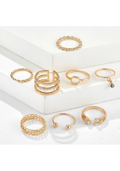 Girift Vintage Bohem Stili Gold 8 Adet Taşlı Eklem Ve Yüzük Seti Altın