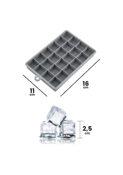 2 Adet Silikon Küp Buzluk Seti, 8 Bölmeli Buz Kalıbı 5cm Küp + 24 Lü Buz Kalıbı 2,5cm Küp Seti Gri
