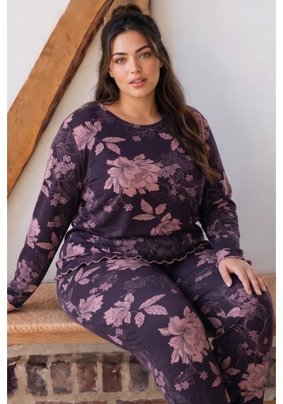 Siyah İnci Mor Büyük Beden Battal Boy Viskon Örme Pijama Takım 26224865