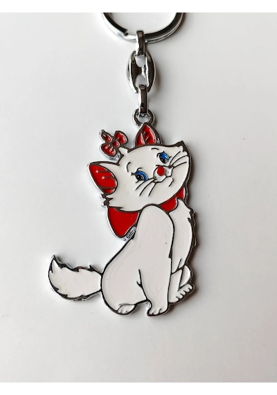 Moncuk Design Kırmızı Kurdelalı Ve Papyonlu Beyaz Renkli Şirin Kedi Metal Anahtarlık