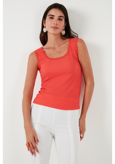Lela Slim Fit Kalın Askılı Dantelli Kare Yaka Bürümcük Bayan Atlet 5864979 Nar Çiçeği