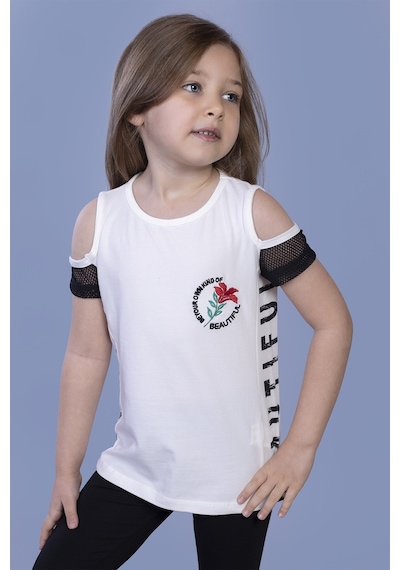 Toontoy Kids Toontoy Kız Çocuk Göğsü Nakışlı Tişört Ekru