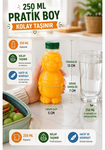 10'lu Set Şeffaf Kaplumbağa Şişe Yeşil Kapaklı Pet İçecek Şişesi Çocuk Beslenme Matarası 250 Ml
