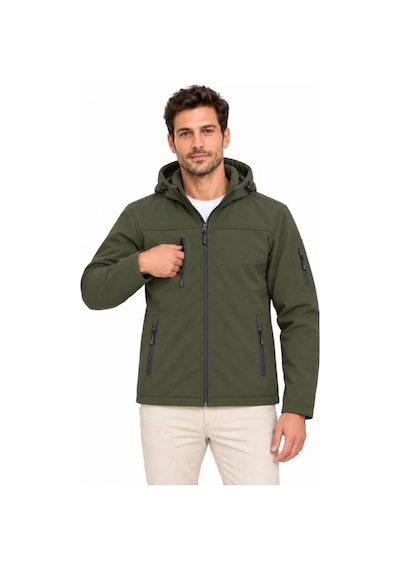 Rkm Ticaret Erkek Su Geçirmez Softshell İçi Polar Astarlı Çıkarılabilir Kapüşonlu 4 Cepli Mont Ceket - Haki