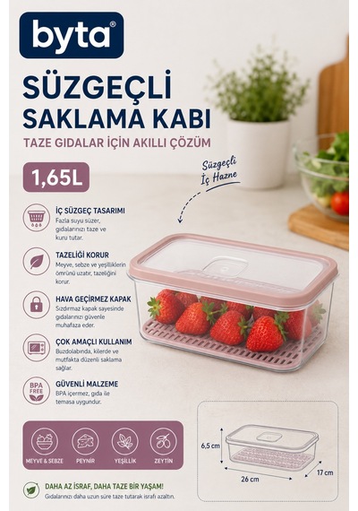 1,65 Litre İç Süzgeçli Meyve Sebze Saklama Kabı Bpa İçermeyen Taze Tutucu Gıda Muhafaza Kabı Pembe Mavi Mor Siyah 1 Adet Karışık Renk Gönderilir Pembe