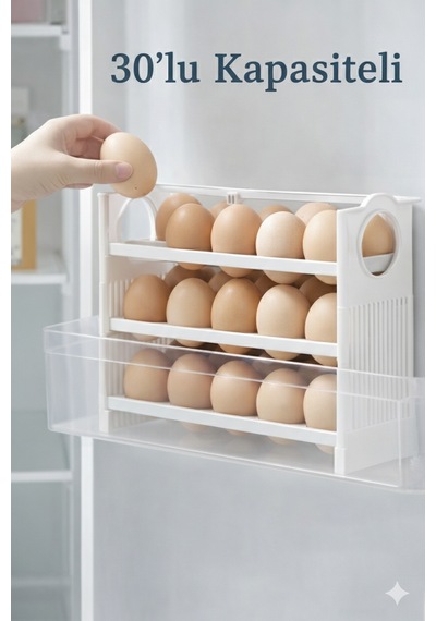 30 Bölmeli Yumurta Organizer 3 Katlı Kaydırmalı Buzdolabı İçi Düzenleyici Raf Beyaz