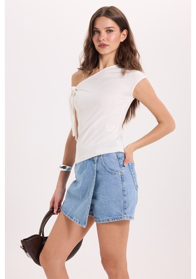 Tudors Kadın Slim Fit Dar Kesim Kısa Kollu Kayık Yaka Ekru Bluz-50540