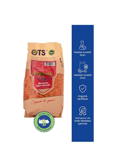 Ots Organik Kırmızı Mercimek 750 gr (Organik Sertifikalı, Pestisit Analizli)