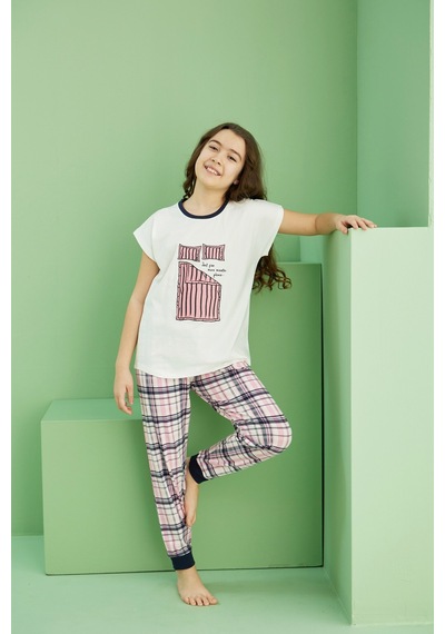 Siyah İnci Pamuklu Bisiklet Yaka Örme Pijama Takım25117065 Ekru