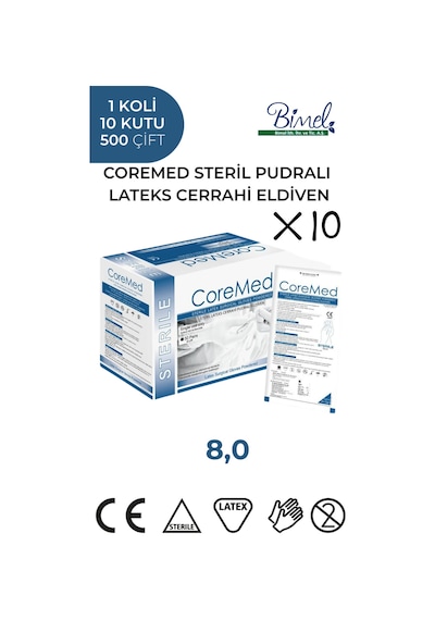 Steril Cerrahi Lateks Pudralı Eldiven 8 Beden 1 Koli-10 Paket-500 Çift