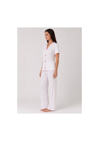 Pijamask Kadın Beyaz Pembe Kalp Desenli Gömlek Yaka Kısa Kollu Uzun Pantolonlu Pijama Takımı Rahat Ev Giyim Uyku Takımı Beyaz