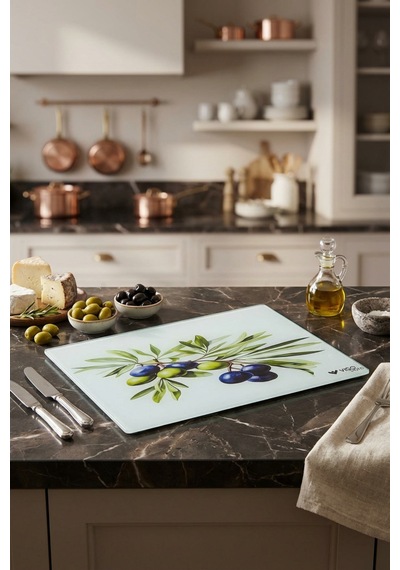 Makri Home Üzüm Desenli Cam, Kesme Tahtası, 25 35 Cm Beyaz