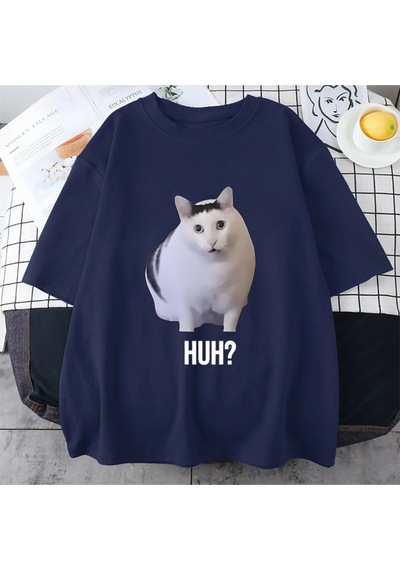 Flood Of Style Kedi Ha Diyor Komik Meme Baskı T-shirt Erkekler Kadınlar 100% Pamuk Streetwear Vintage Kısa Lacivert