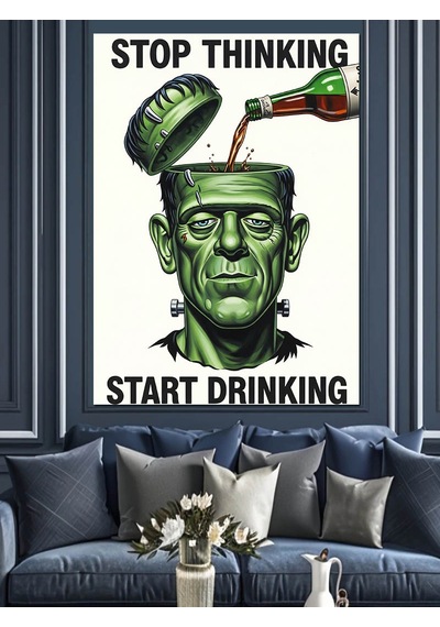 Bira İçen Frankenstein Posteri Dekoratif Kanvas - Mdf Ahşap Tablo
