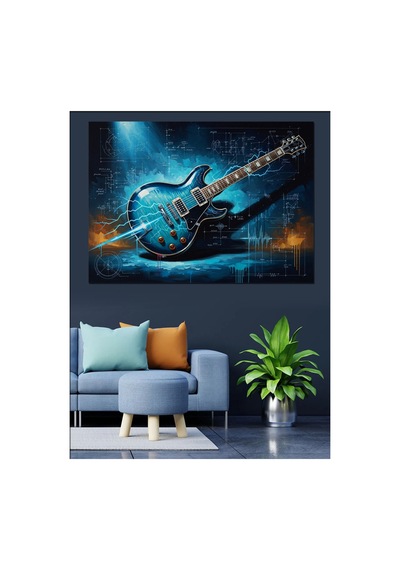 Işıklı Çizgilerle Modern Gitar Tasarımı Yağlı Boya Dokulu Kanvas Tablo Canvas Tablosu