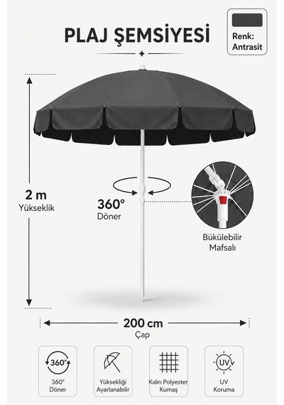 Antrasit Plaj Şemsiyesi 200 Cm Çap/10 Telli, Eğim Verilebilir