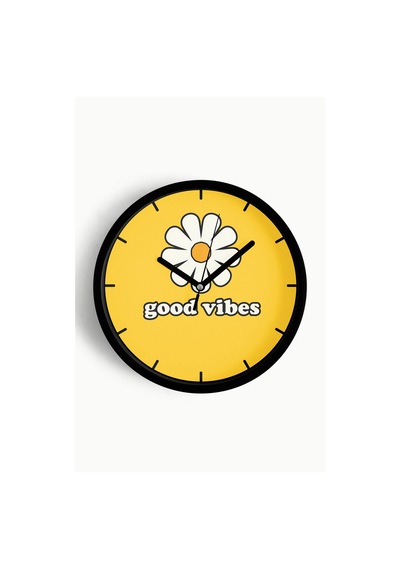Modern Yazılı Papatya Tasarım - '' Good Vibes '' Duvar Saati - 30cm - Önü Camlı Siyah Kasa-jh0814 Siyah