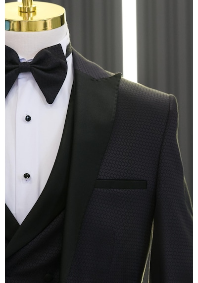 Slimfit Skinny Kesim Desenli Sivri Sabit Yaka Yelekli Papyonlu Smokin Takım Elbise 001