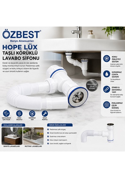 Lüx Paslanmaz Taşlı Körüklü Lavabo Sifon 5492 Çr