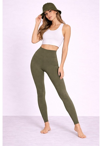 Pantofit Şardonlu Yüksek Bel Kadın Tayt Toparlayıcı Slim Fit Kışlık Ka Haki