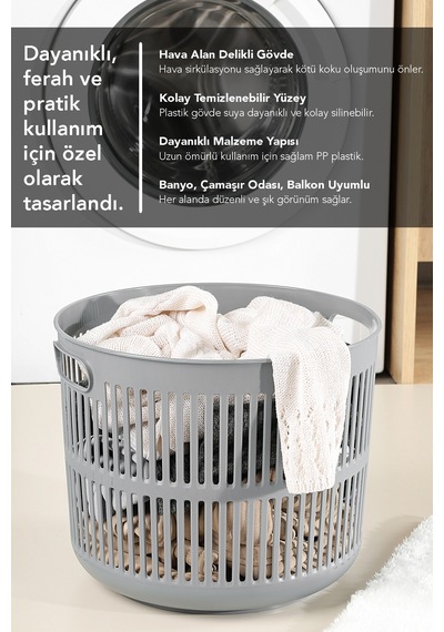 22 Litre Solara Yuvarlak Çamaşır Sepeti - Kulplu Çok Amaçlı Sepet Banyo Düzenleyici Sepet Gri Gri
