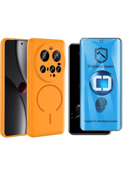 Vendas Xiaomi 15 Ultra Kılıf M-safe Şarj Özellikli Zore Meta Kapak + Polymer Nano Ekran Koruyucu Turuncu