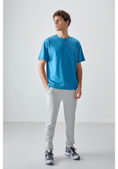 Air Jones Tommy Life Petrol Mavi Pamuklu Kalın Yumuşak Dokulu Oversize Fit Basic Erkek T-shirt - 88377 Petrol Mavi
