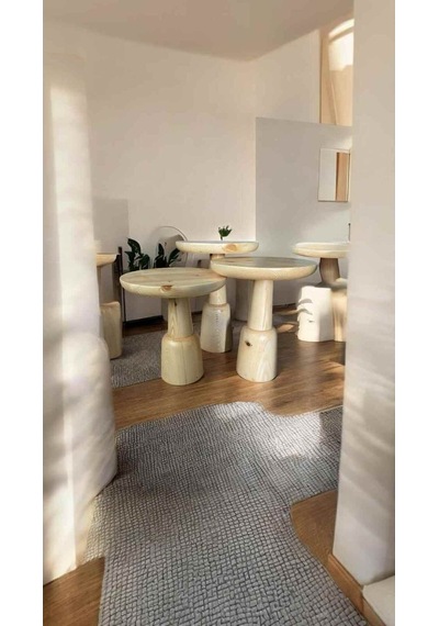 Ahşap Mantar Sehpa 3 Lü Set Naturel Renk Masif Zigon Ve Fiskos Bej