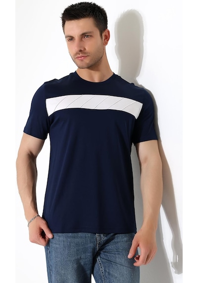 Rıbana Classıc Erkek İki Renk Parçalı Bisiklet Yaka T-shirt - Pamuklu Tişört Lacivert