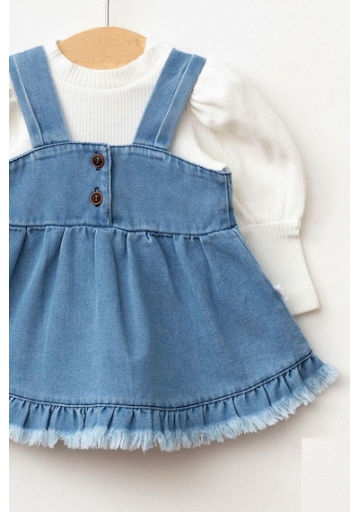 Cantoy Kız Bebek Püsküllü Kot Jile Elbise Balon Bluz Lüks Jean Takım Açık Mavi