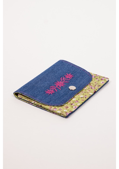 Fabric Craft Bag Kadın Cüzdanı Denim Kumaş Çiçek Nakışlı Çift Bölmeli 13x11 Cm Mavi - Yeşil