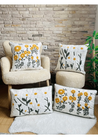 Swita Home 4'lü Kombin Punch Işlemeli Kırlent Kılıfı Panç Sarı - Beyaz