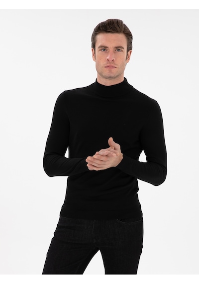 Cacharel Siyah Slim Fit Yün Karışımlı Yarım Balıkçı Yaka Basic Triko Kazak