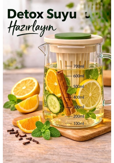 Isıya Dayanıklı Borosilikat Cam Bitki Çayı Ve Detox Demliği,süzgeçli,ölçekli,kulplu Sürahi,900 Ml Diğer