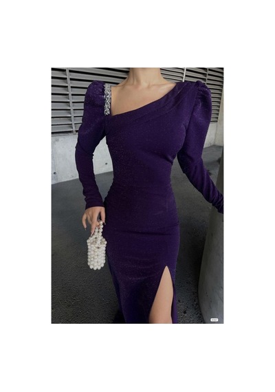 DefyModa Kadın Kayık Yaka Taş Detaylı Uzun Kollu Abiye Elbise Mor