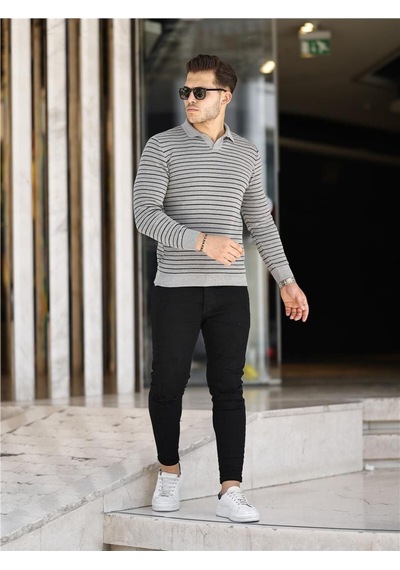Gri Erkek Slim Fit Polo Yaka Patlı Triko Kazak-trz19132r02s Gri