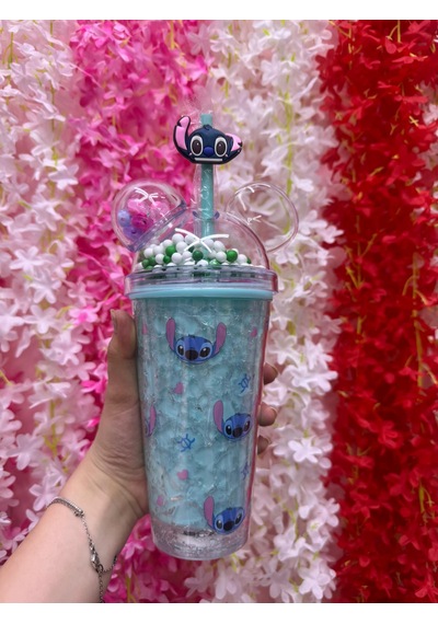 Stitch Desenli Pipetli Suluk Bardak Buzlu Cam Görünümlü Sevimli Şık Bardak Mavi