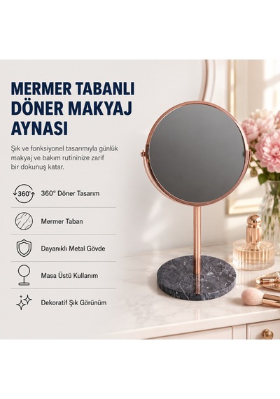 Şık Mermer Tabanlı Döner Masa Üstü Makyaj Aynası Dekoratif Masa Aynası-1427 Pembe