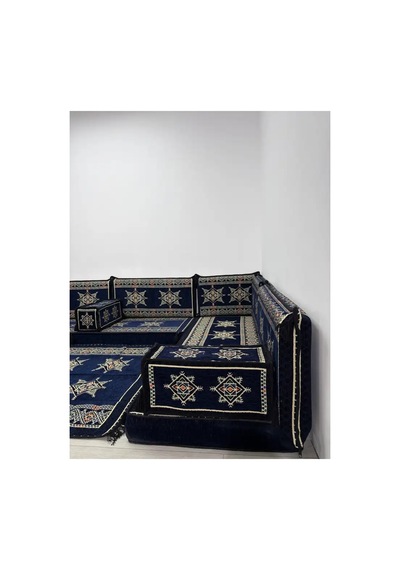 Yıldız Modeli Lacivert Otantik Şark Köşesi Takımı U Set - Geleneksel Yer Minderi Seti 10 Cm Minder Kalınlığı 15 Parça