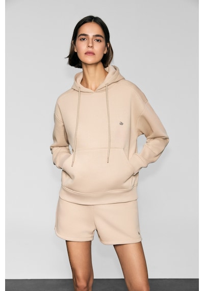 Urban Beat Jıngso Kadın Polarlı Yumuşak Kapüşonlu Kanguru Cepli Baskı Detaylı Vizon Sweatshirt Vizon