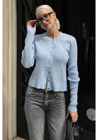 Madmext Bebe Mavisi Çıt Kapamalı Triko Kadın Hırka Mg2579 Bebe Mavisi