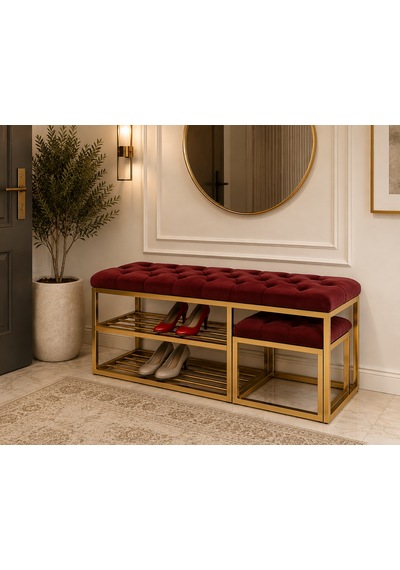 Gold Metal Bench Ayakkabılık Bank, Kapı Girişi Puf Ayakkabılık Bordo