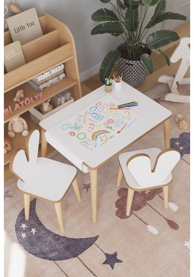 Resim Kağıdı Rulolu Çocuk Aktivite Masası 60x45 Cm 2 Sandalyeli Tavşan Sandalye Çok Renkli