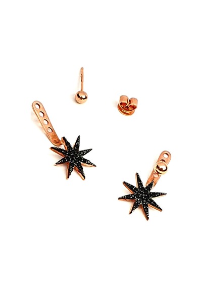 Kutup Yıldızı Figürlü Oniks Taşlı Gümüş Rose Earcuff Cift Küpe