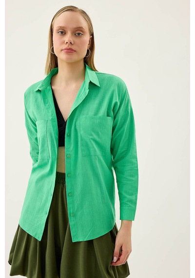 Vitrin Basic Oversize Önden Cepli Gömlek Yeşil