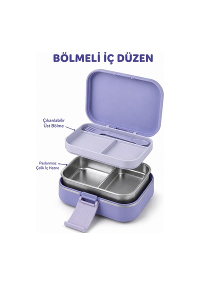 Happi Deniz Kızı Paslanmaz Çelik Bölmeli Beslenme Kutusu 1030 Ml Çatal Kaşık Dahil Mor