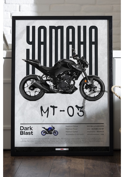 Yamaha Mt-03 Siyah Ahşap Çerçeveli Poster, Dekoratif Motosiklet Duvar Tablosu